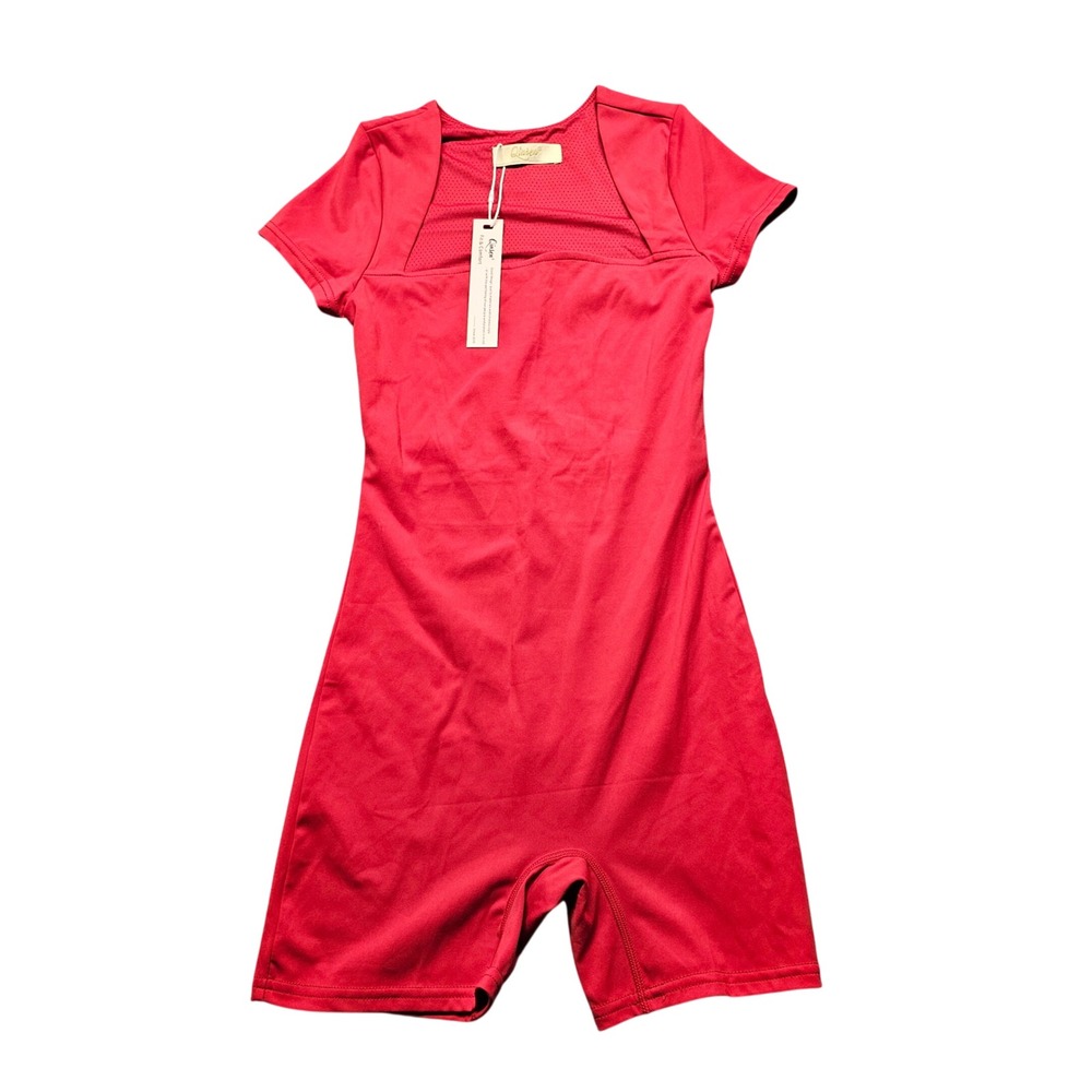 Qinsen Womens Red Short Sleeve Square Neck Mesh Athletic Biker Romper‎ Size S